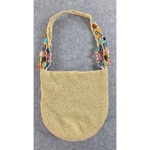 Cappelli Straworld Womens Woven Straw Shoulder Bag Color Beaded On Handle Tan